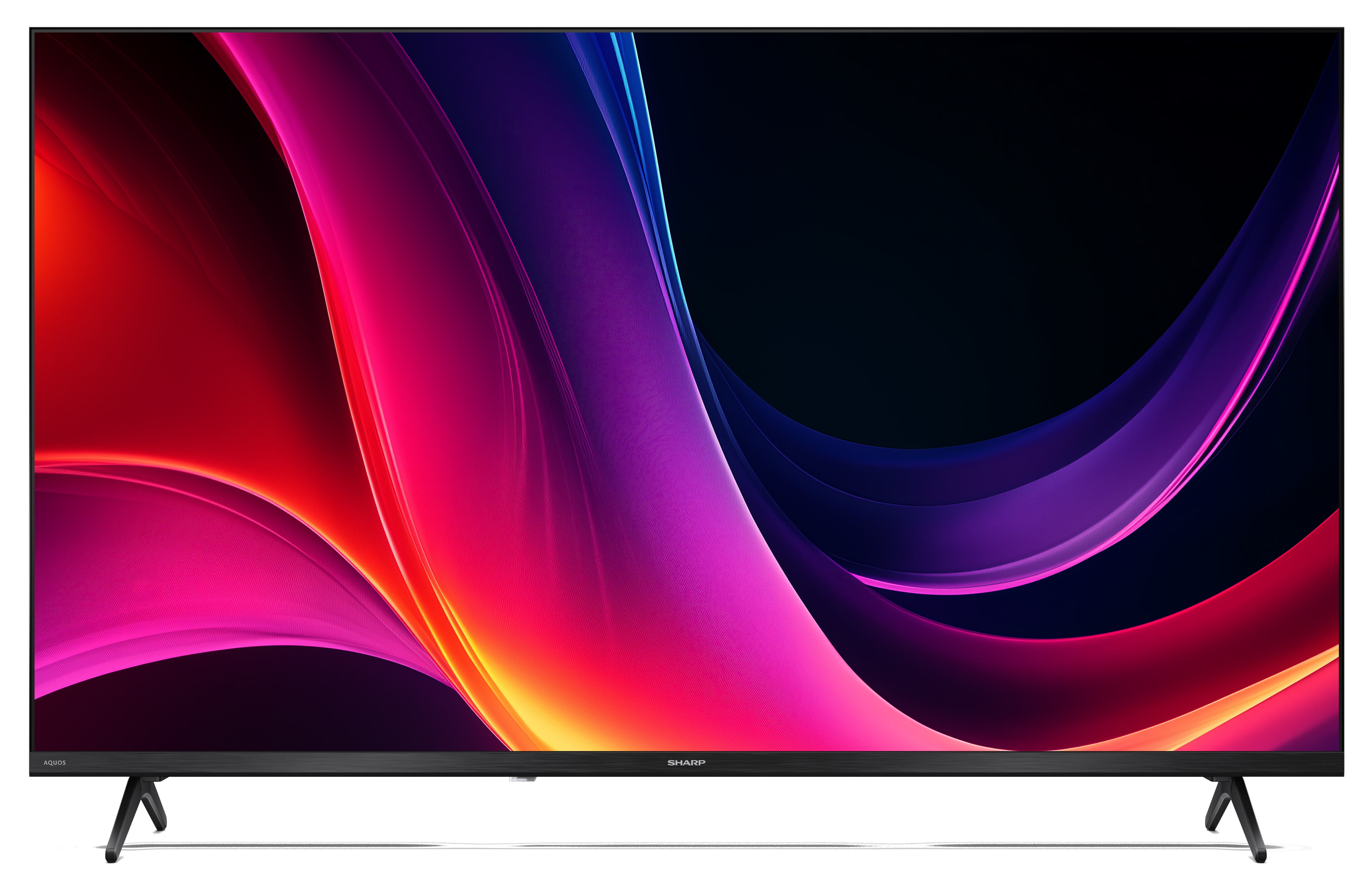 Nowoczesny czarny telewizor wyświetlający abstrakcyjne, kolorowe tło.