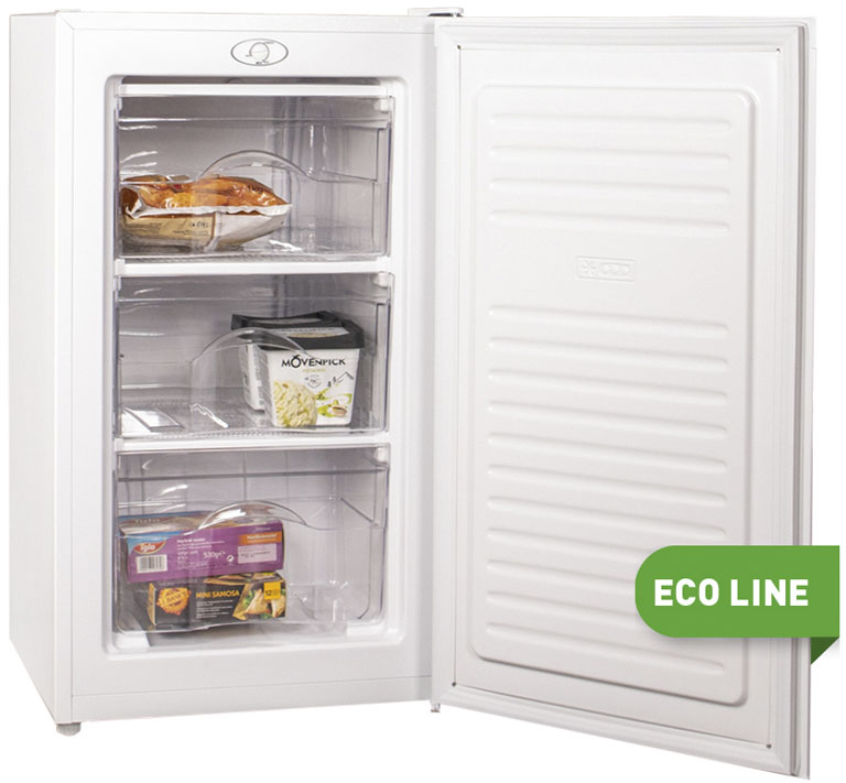 Un congélateur blanc ouvert avec trois tiroirs transparents remplis d'aliments.