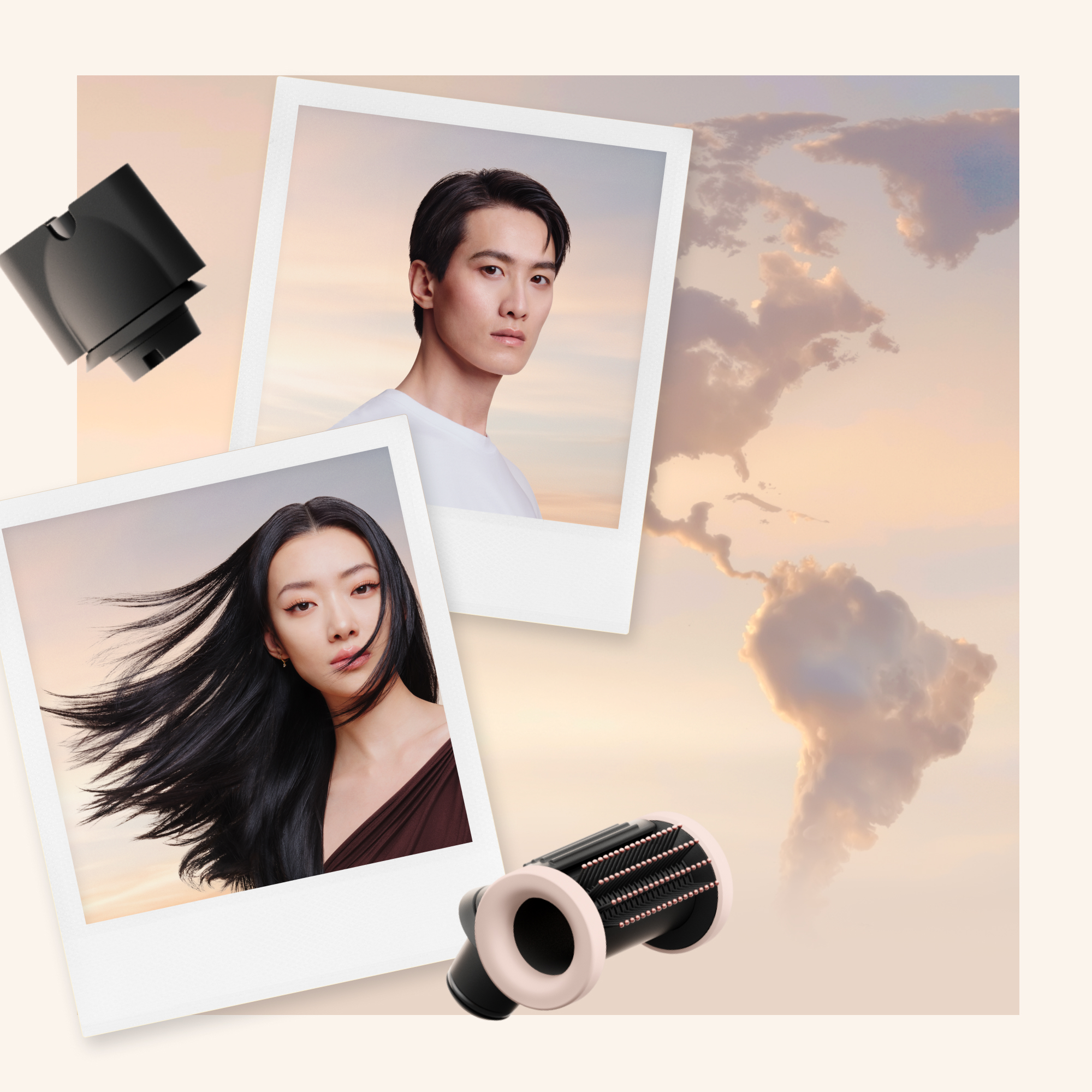 Zwei Fotos von Models und ein schwarzes Haarpflegegerät vor einem Wolkenhintergrund.