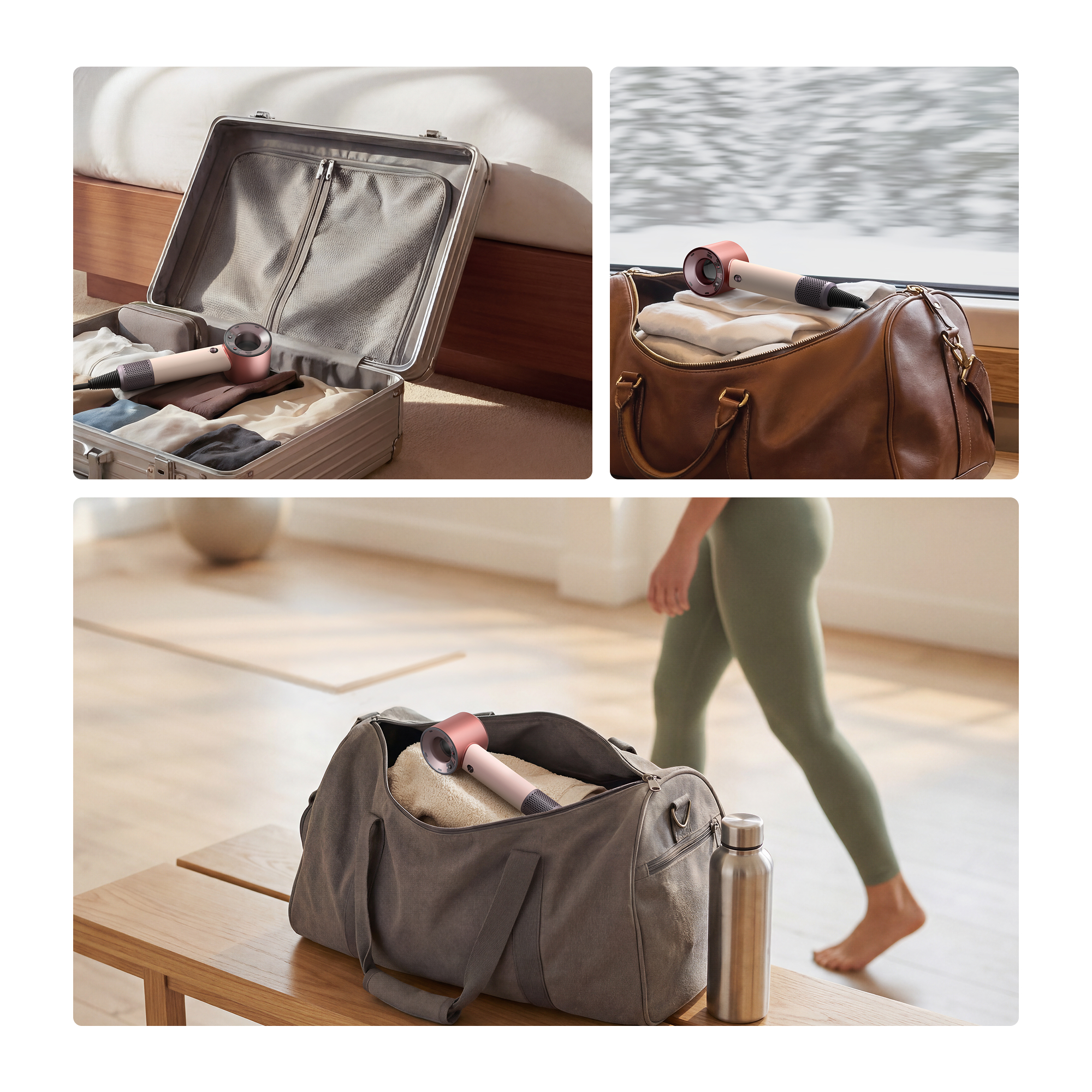 Ein rosa Haartrockner liegt in einem Koffer, einer Reisetasche und einer Sporttasche.