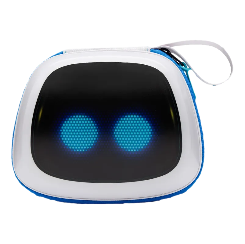 Ein blauer und weißer Roboter mit leuchtend blauen Augen auf schwarzem Hintergrund.