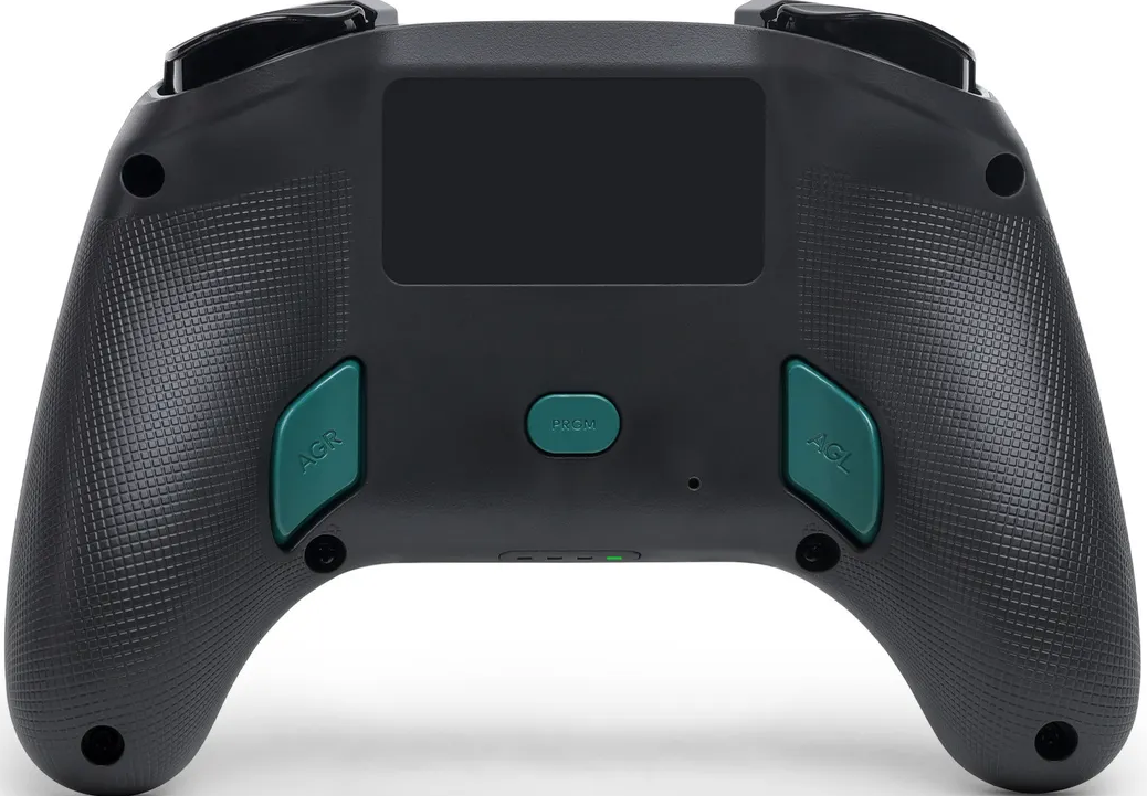 Rückseite eines schwarzen Controllers mit grünen AGR- und AGL-Tasten und PRGM-Button.