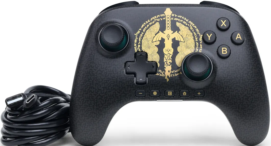 Schwarzer Controller mit goldenem Schwert-Symbol und Kabel.