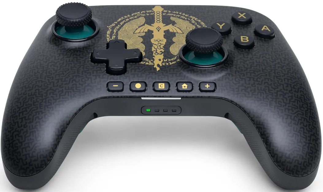 Schwarzer Controller mit goldener Schwertgrafik und Mustern.