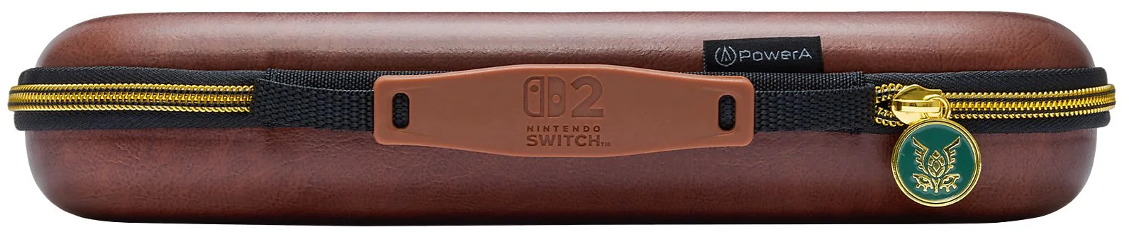 Étui marron pour Nintendo Switch avec fermeture éclair dorée et breloque.