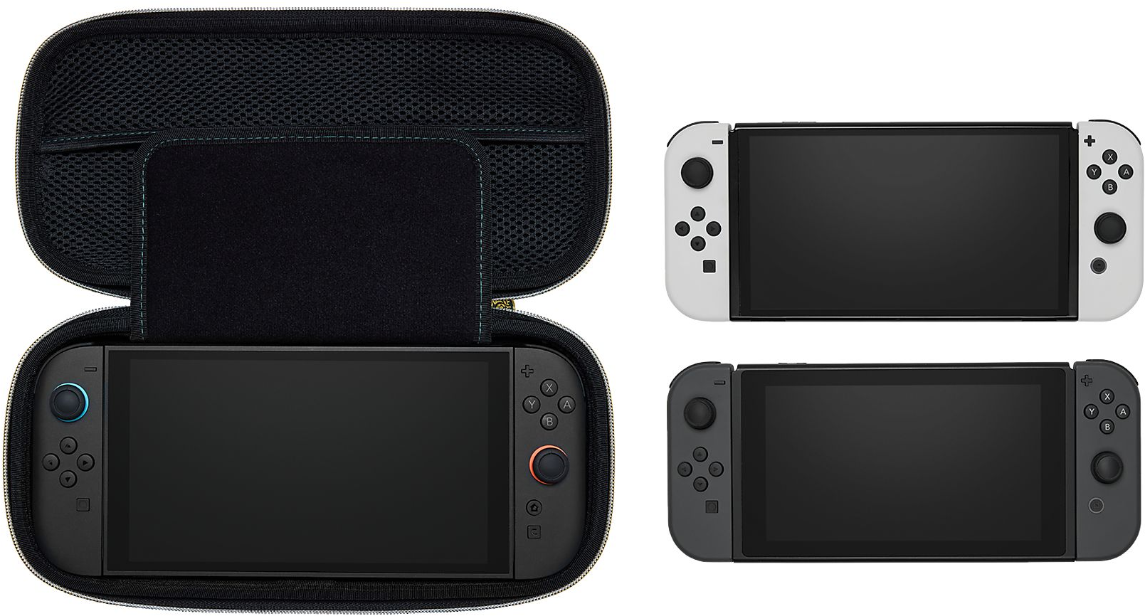Une pochette pour console de jeu avec deux consoles blanches et grises côte à côte.