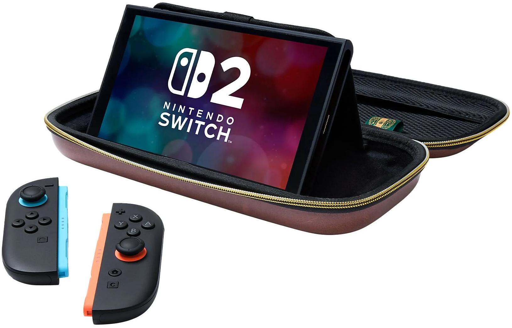 Nintendo Switch dans étui marron avec Joy-Cons bleu et orange.