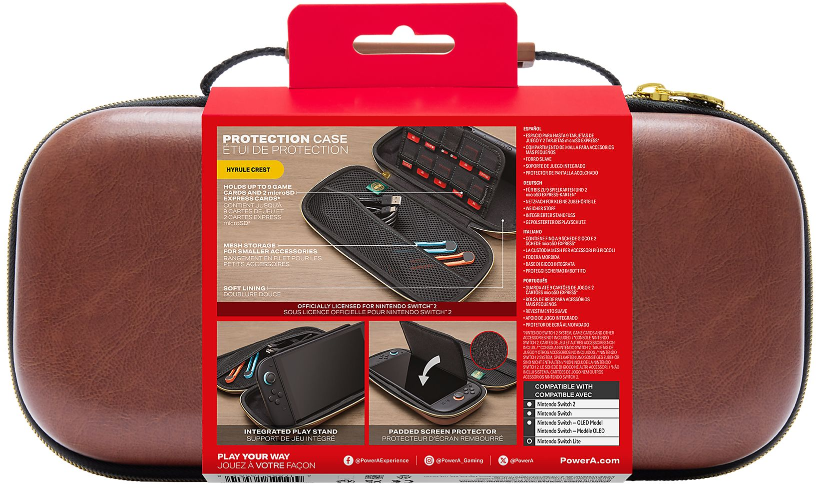 Étui marron pour Nintendo Switch avec emballage carton rouge montrant des accessoires.