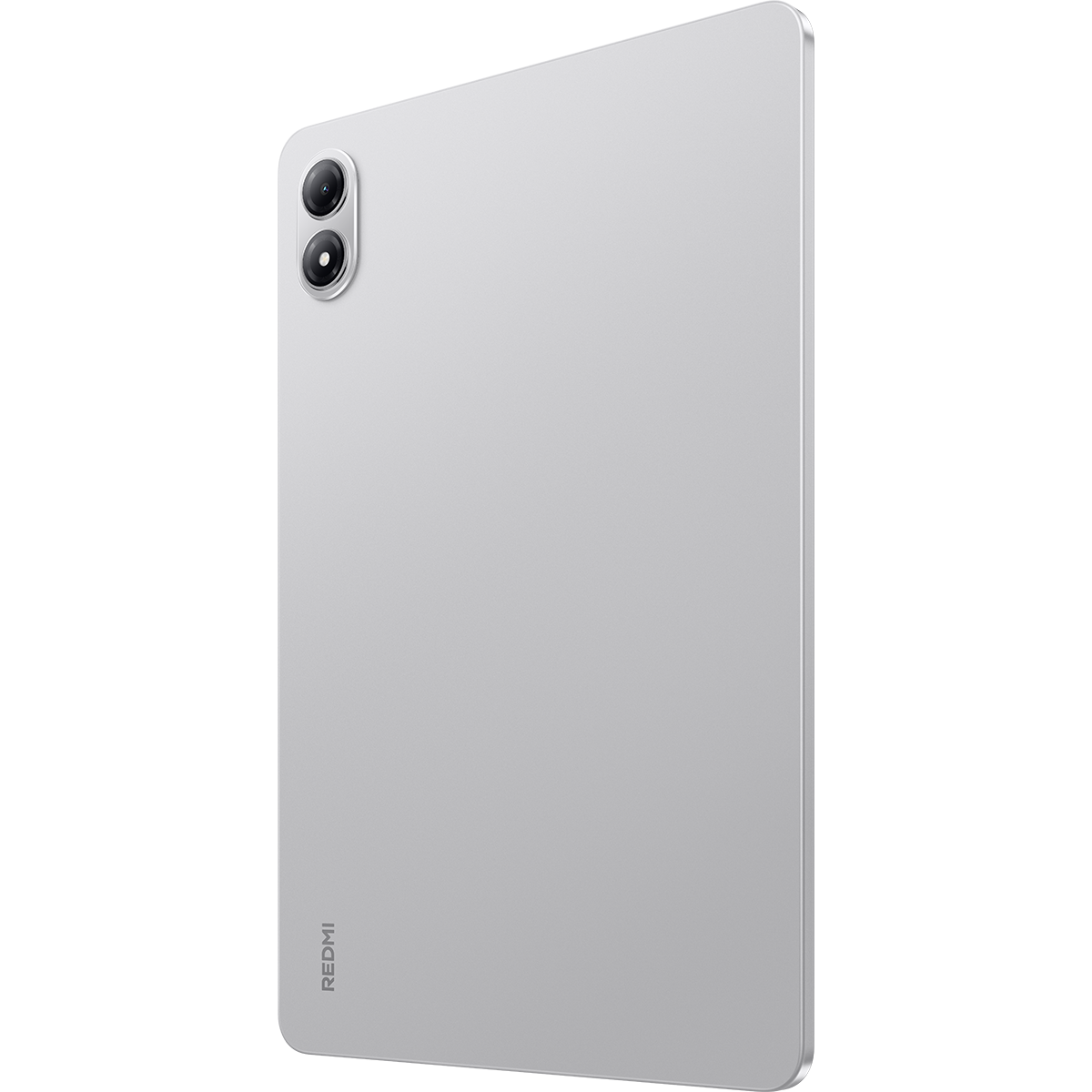 Çift kameralı gümüş tabletin arkası ve Redmi logosu.