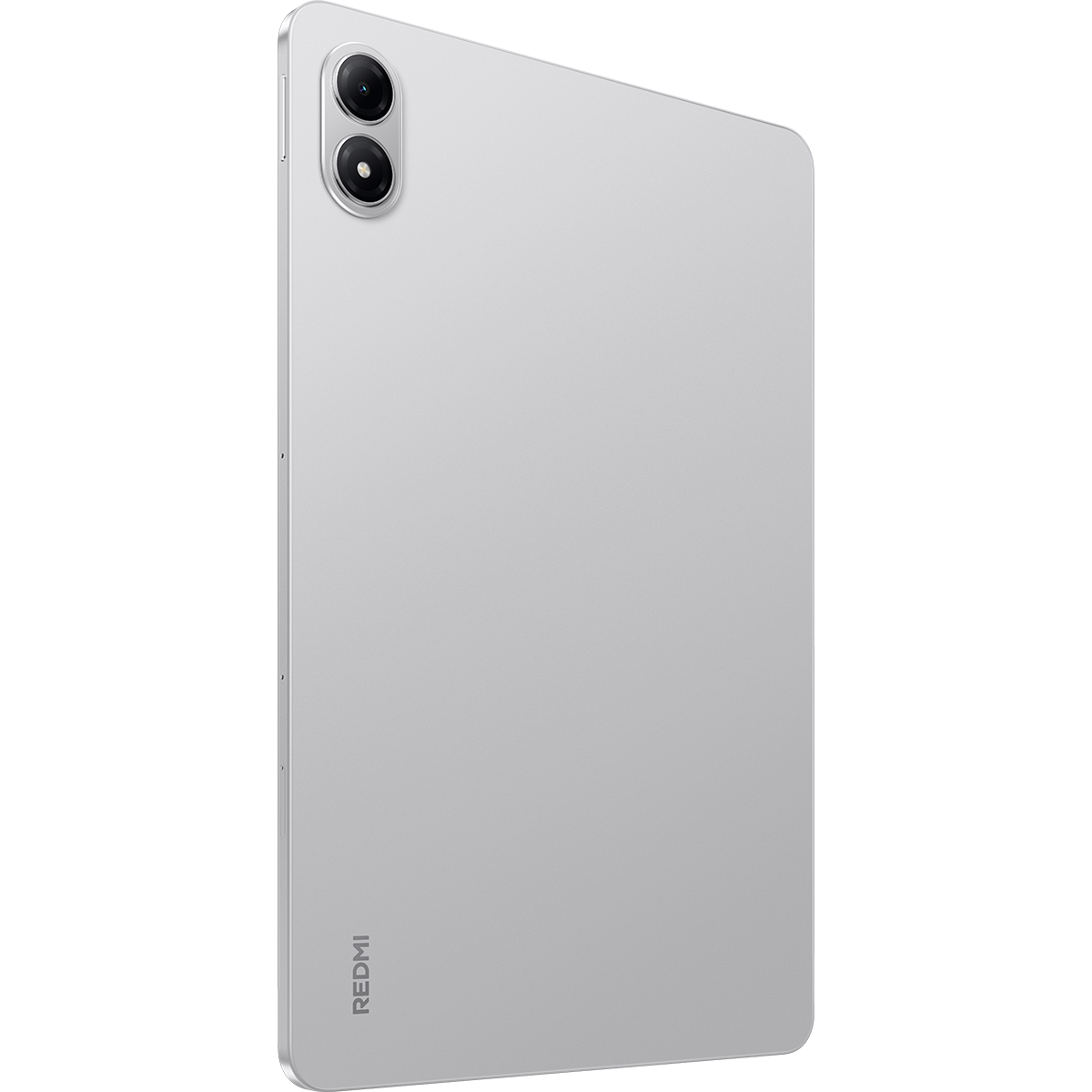 Çift kameralı ve REDMI logolu gümüş tabletin arka görünümü.