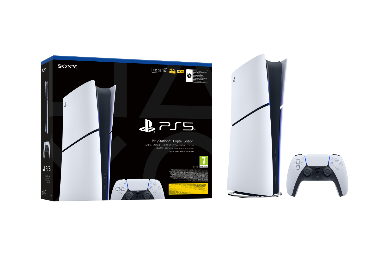 Konsola PlayStation 5 Digital Edition, kontroler i pudełko na czarnym tle.