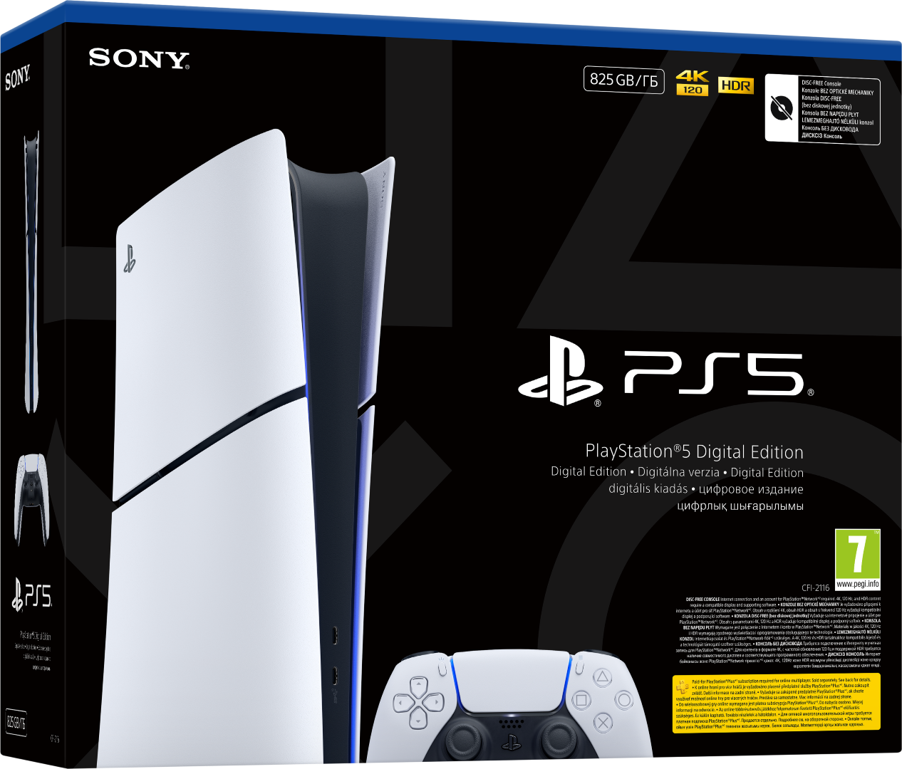 Konsola PlayStation 5 Digital Edition z kontrolerem na czarnym tle.