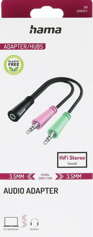 Hama Ses Adaptörü: Pembe ve yeşil 3,5 mm fişli siyah kablo.