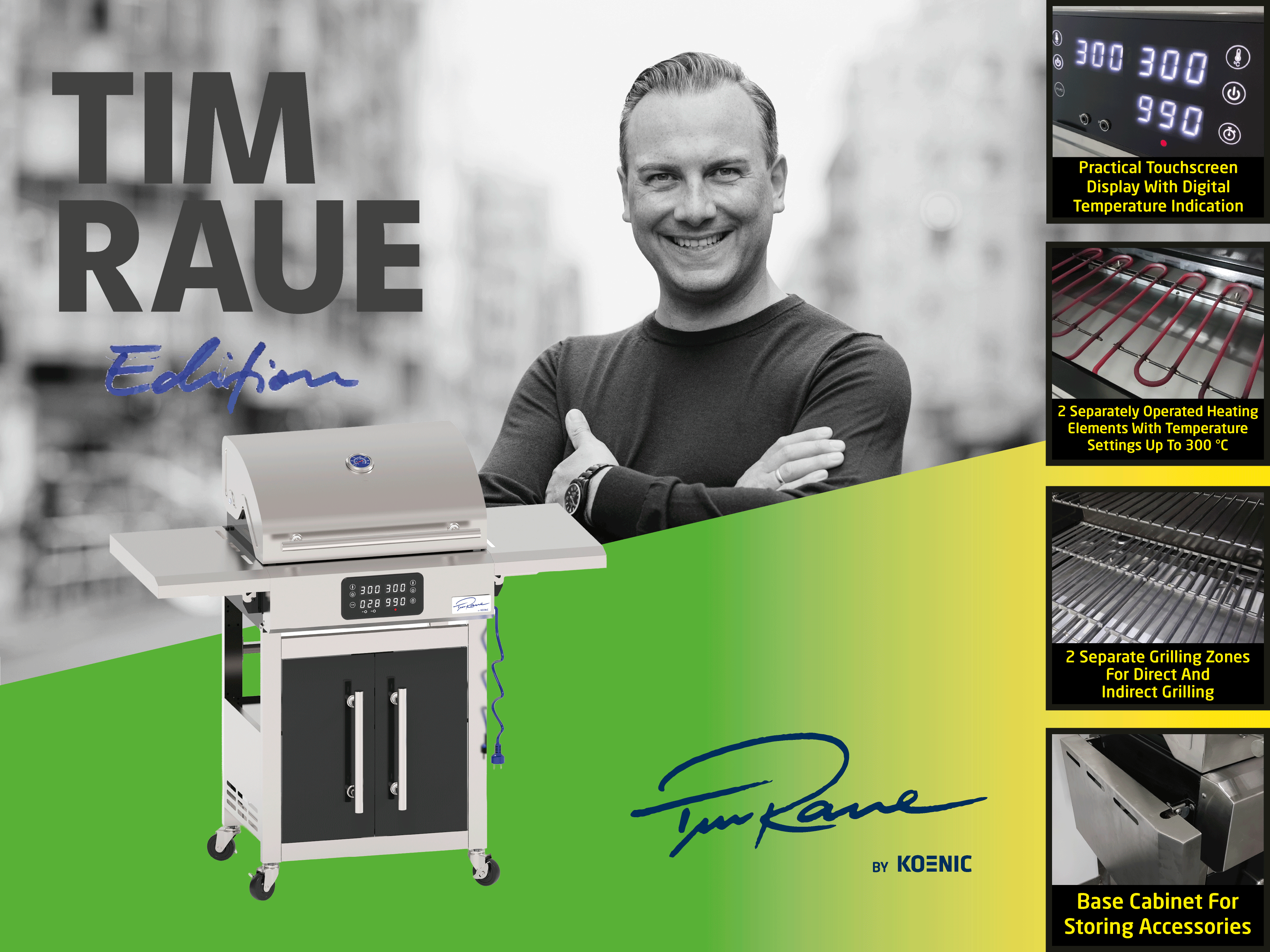 Tim Raues Grill mit digitalem Display, Heizelementen und Stauraum.