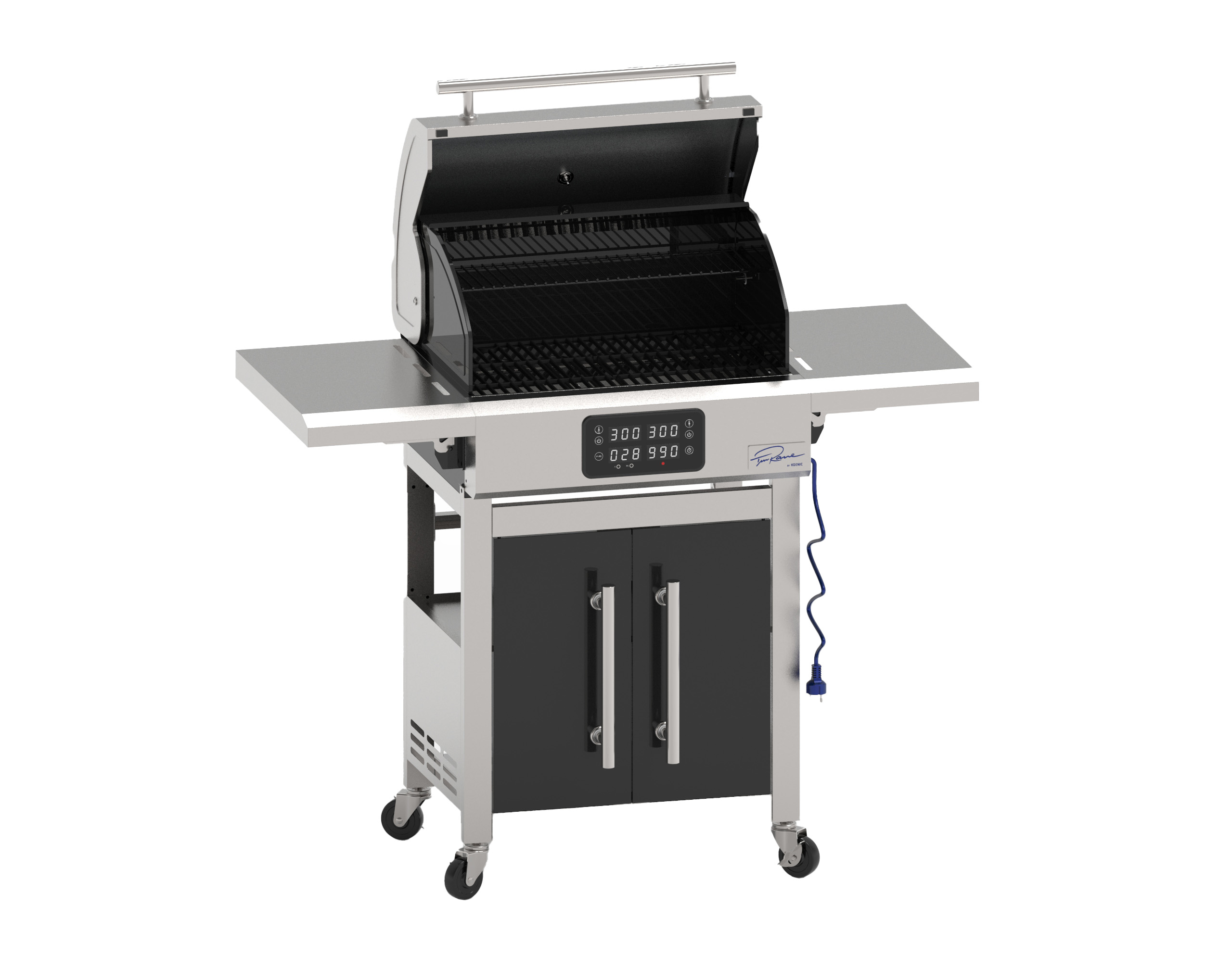 Ein moderner Grill mit offenem Deckel, digitalen Anzeigen und schwarzen Türen.