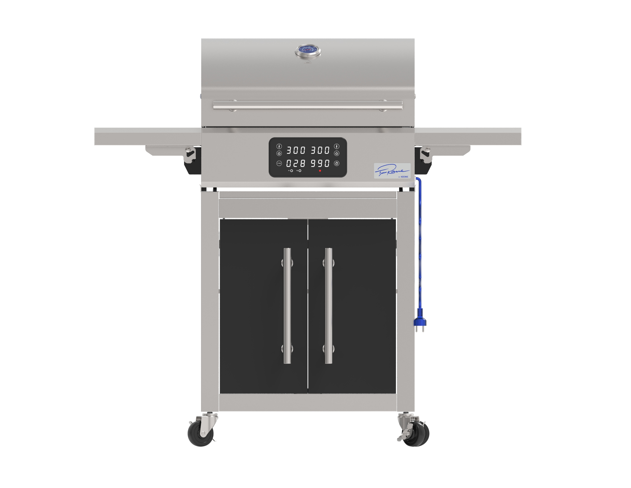 Ein silberner Grill mit schwarzen Türen, Rädern und digitaler Anzeige.