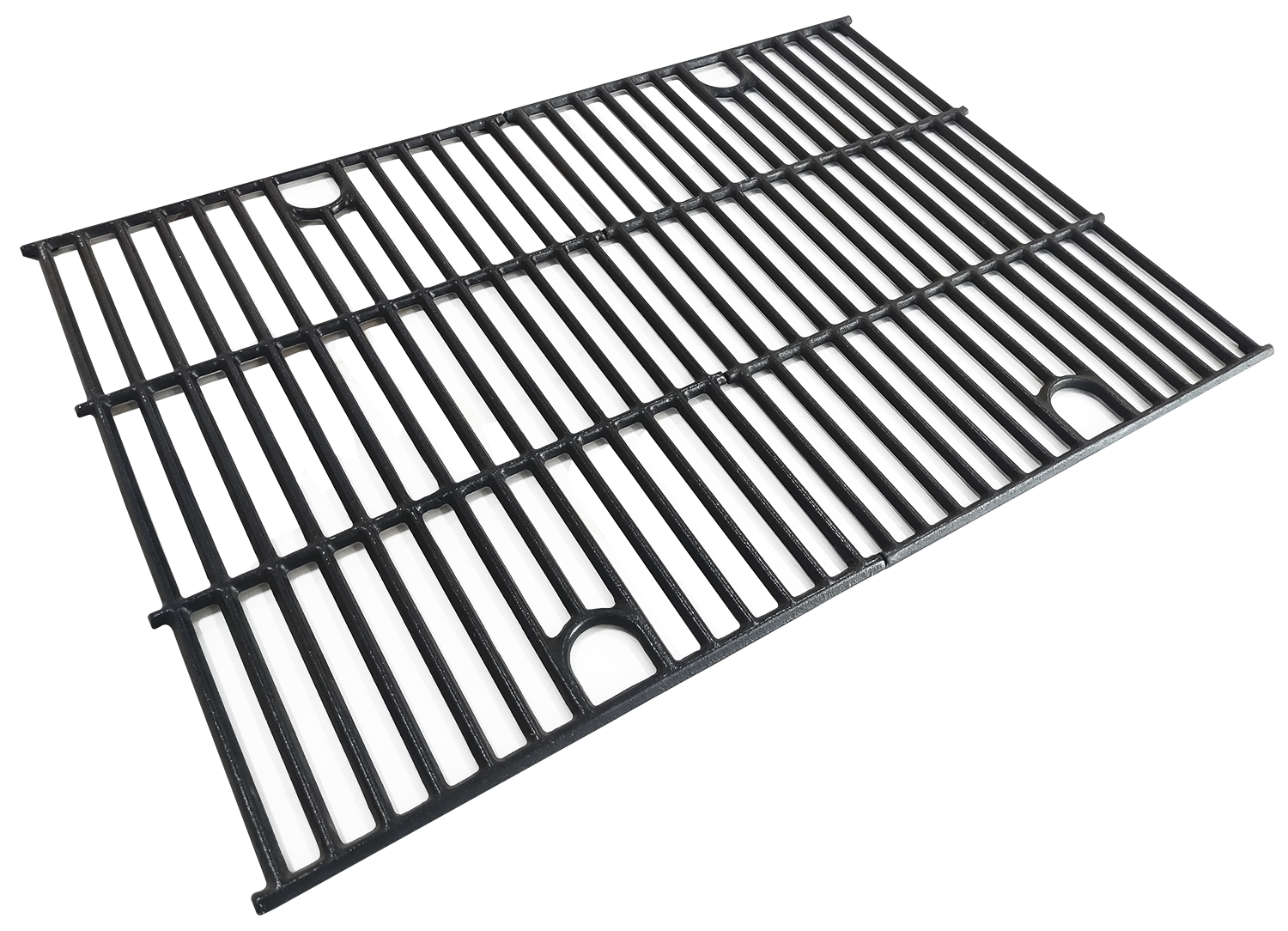 Eine dunkle Metall-Grillrost mit parallelen Stäben und rechteckigen Aussparungen.