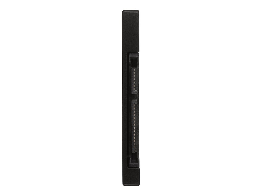 Schwarzes SSD-Laufwerk von der Seite mit SATA-Anschlüssen.