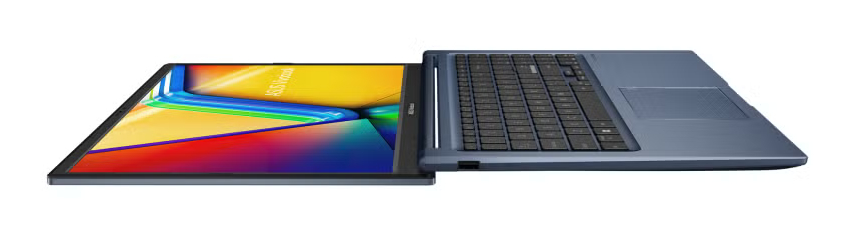 Otwarty niebieski laptop z kolorowym ekranem i klawiaturą.