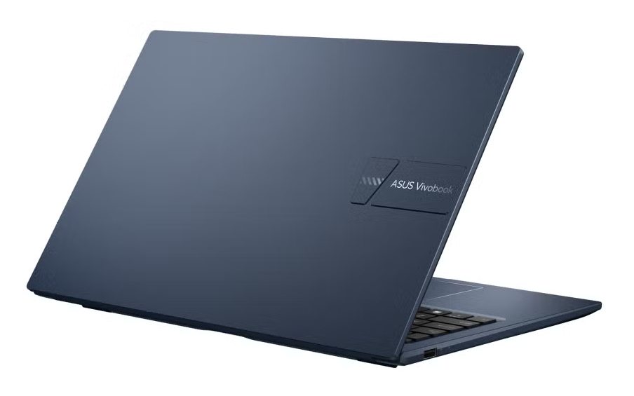 Ciemnoniebieski laptop ASUS Vivobook na białym tle, częściowo otwarty.