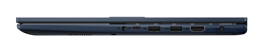 Bok ciemnoniebieskiego laptopa z portami: USB, HDMI, gniazdo audio i wentylacja.