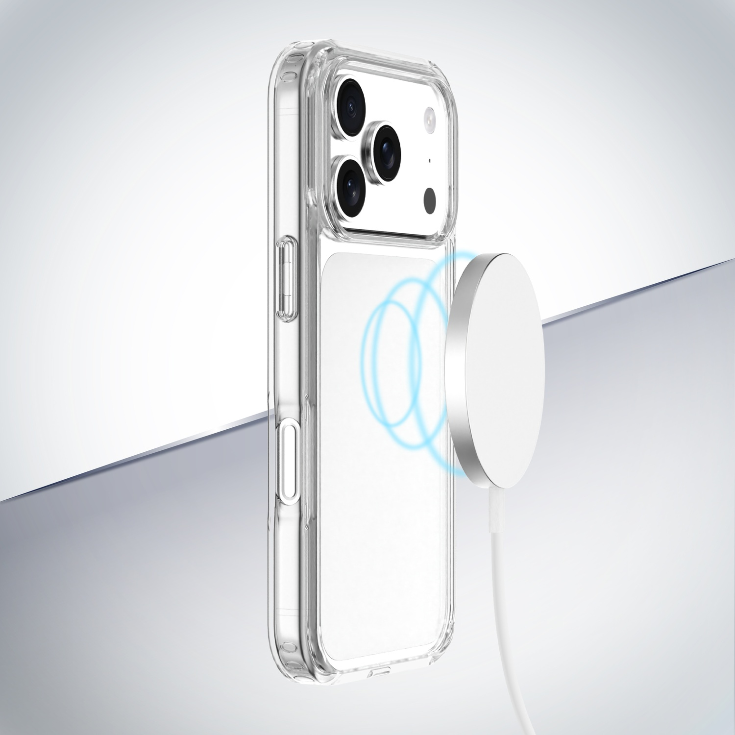 Una custodia trasparente per telefono con tre fotocamere e un cavo di ricarica bianco.