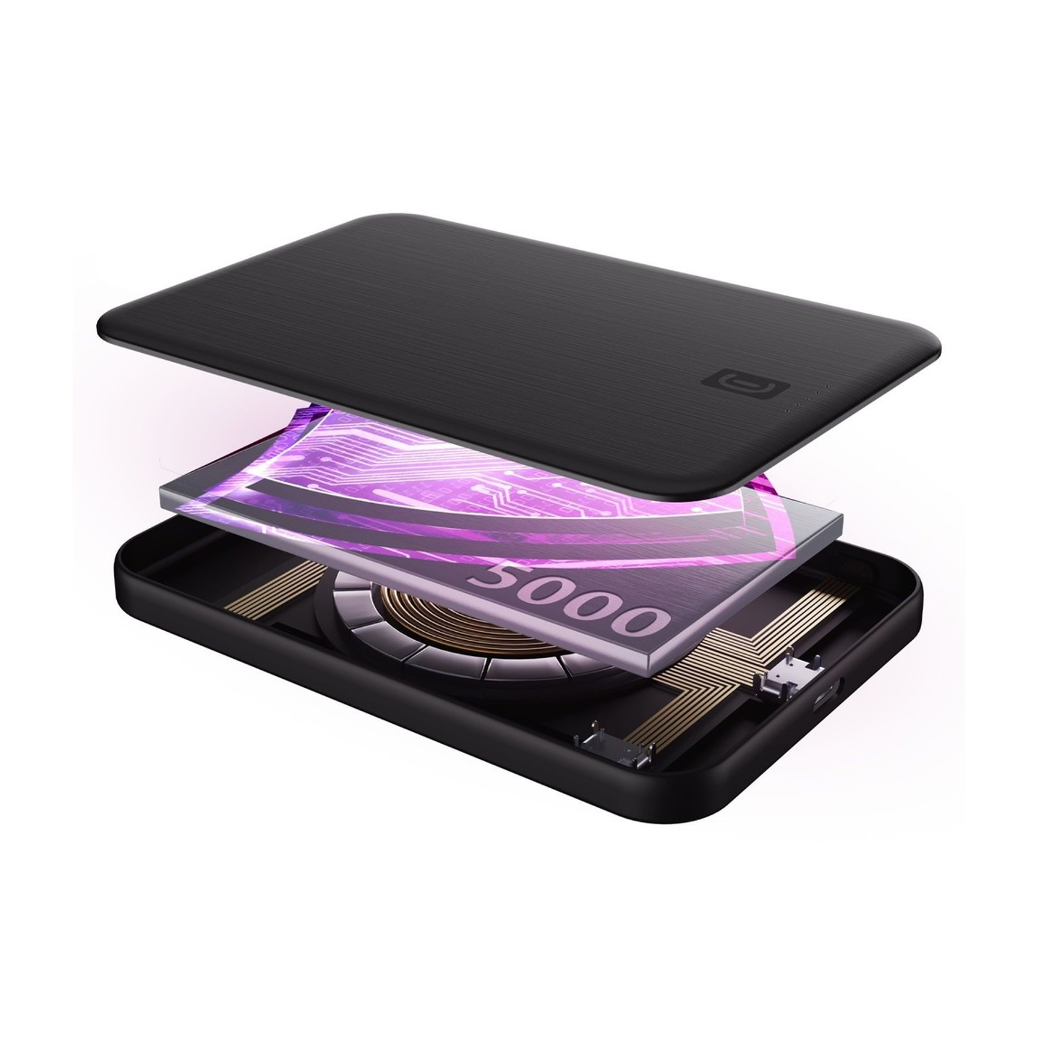 Power bank nera con scocca aperta, circuito viola luminoso.