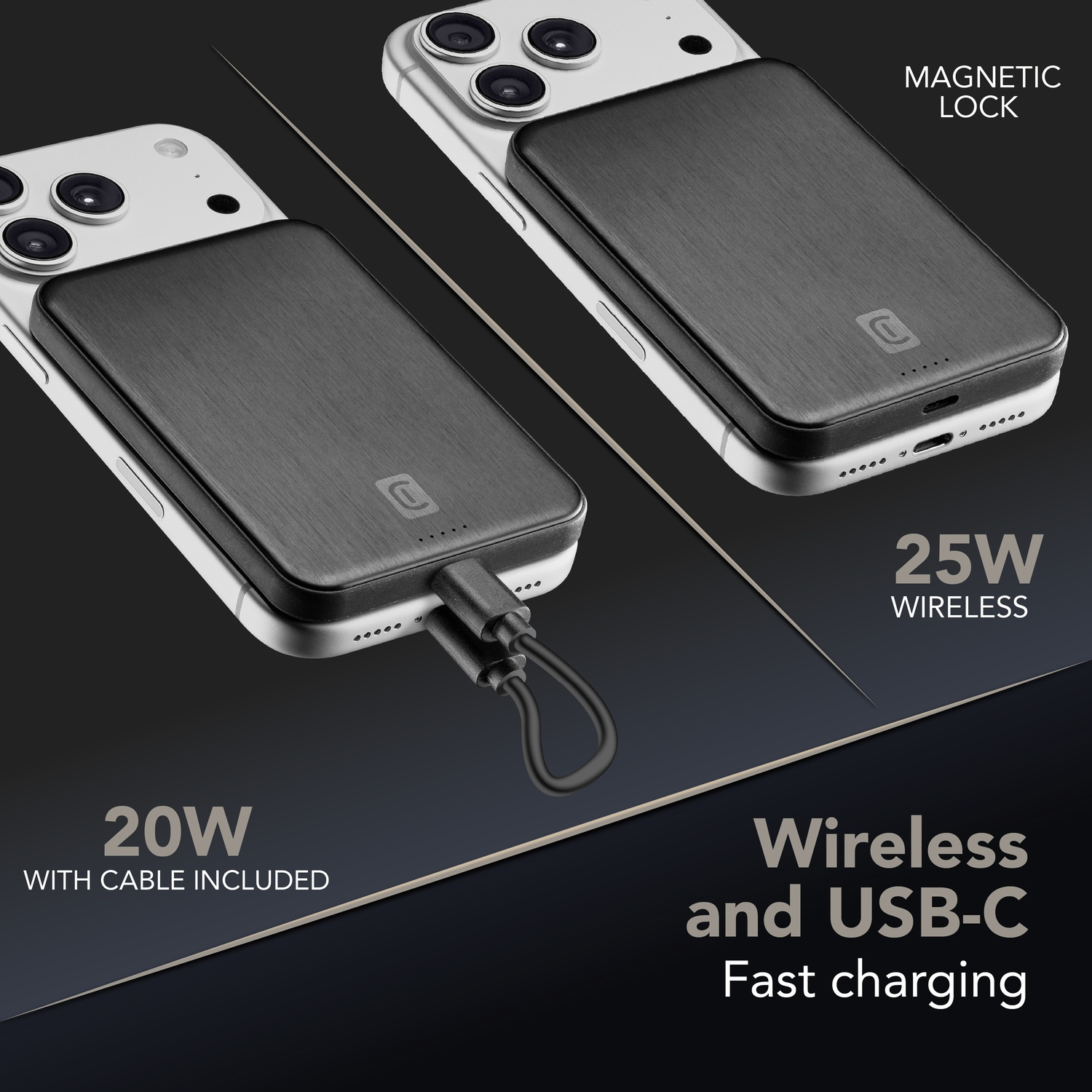 Due iPhone con caricabatterie magnetici neri. Uno è collegato via cavo.