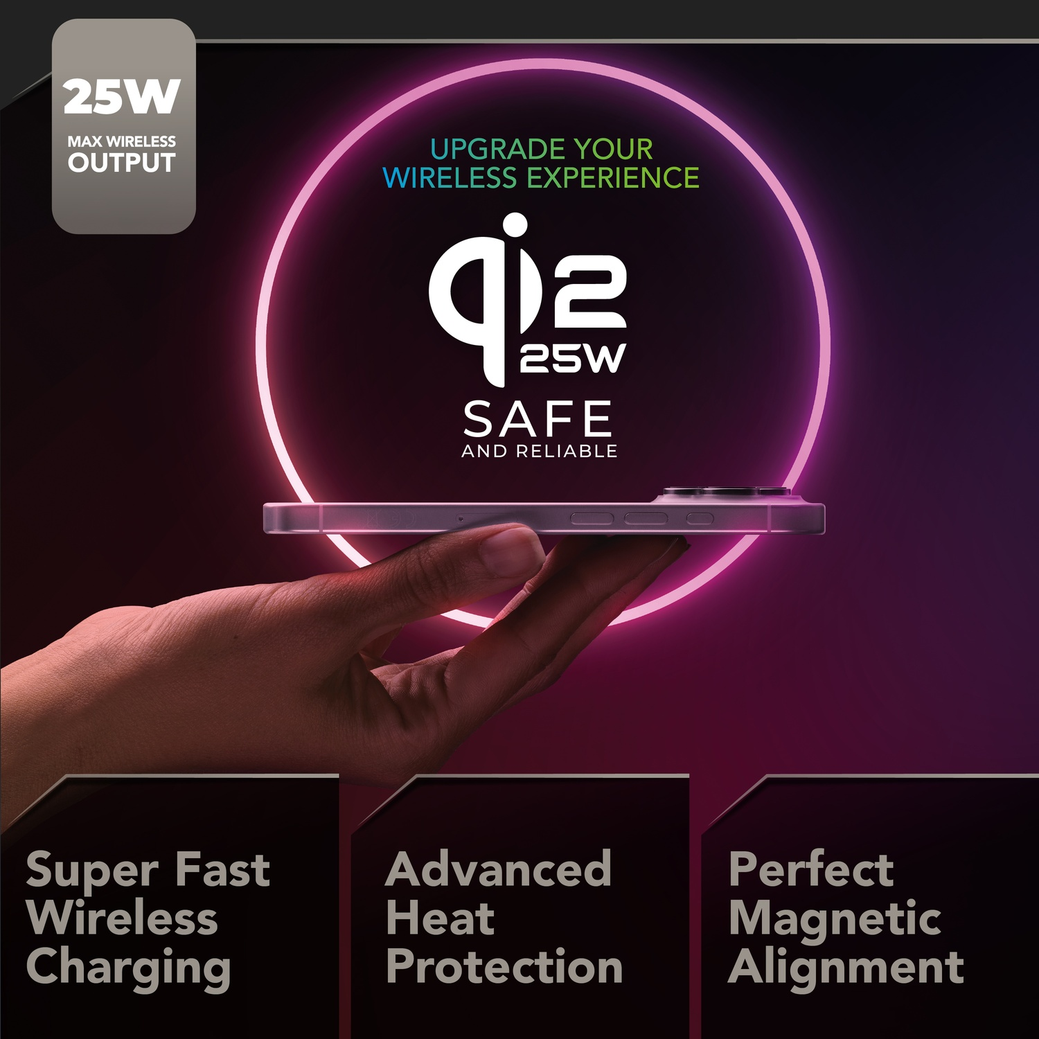 Un telefono in carica wireless, output 25W. "Ricarica wireless super veloce".