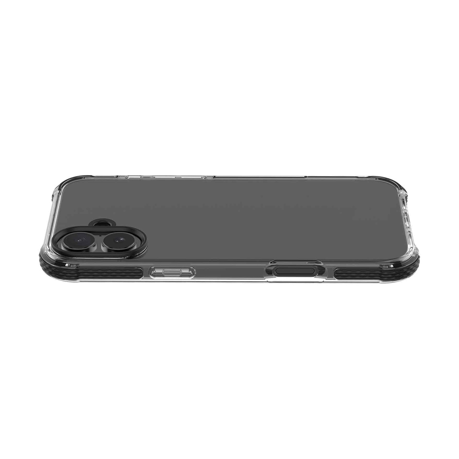 Custodia trasparente per telefono con bordo scuro e ritaglio fotocamera.