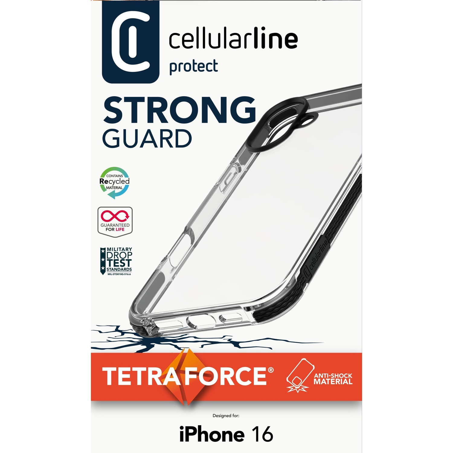 Custodia trasparente per iPhone 16 con bordo nero e logo.