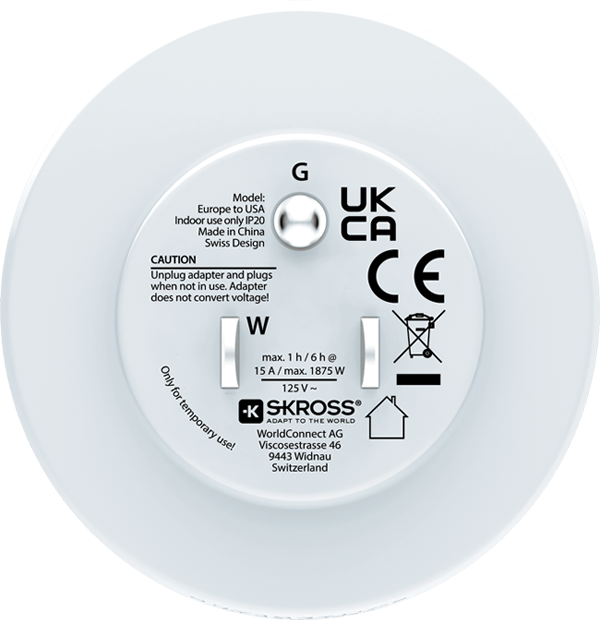 Utazási adapter UK/US csatlakozóval, CE jelzéssel, 125V~, 15A/1875W.