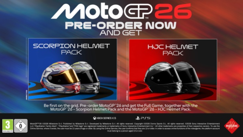 MotoGP 26: Vorbestellung mit Helm-Packs. Ein bunter und schwarzer Helm.
