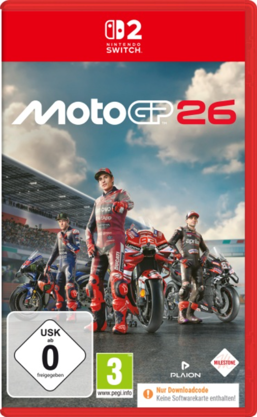Drei Motorradrennfahrer stehen vor ihren Motorrädern, Nintendo Switch-Logo oben.