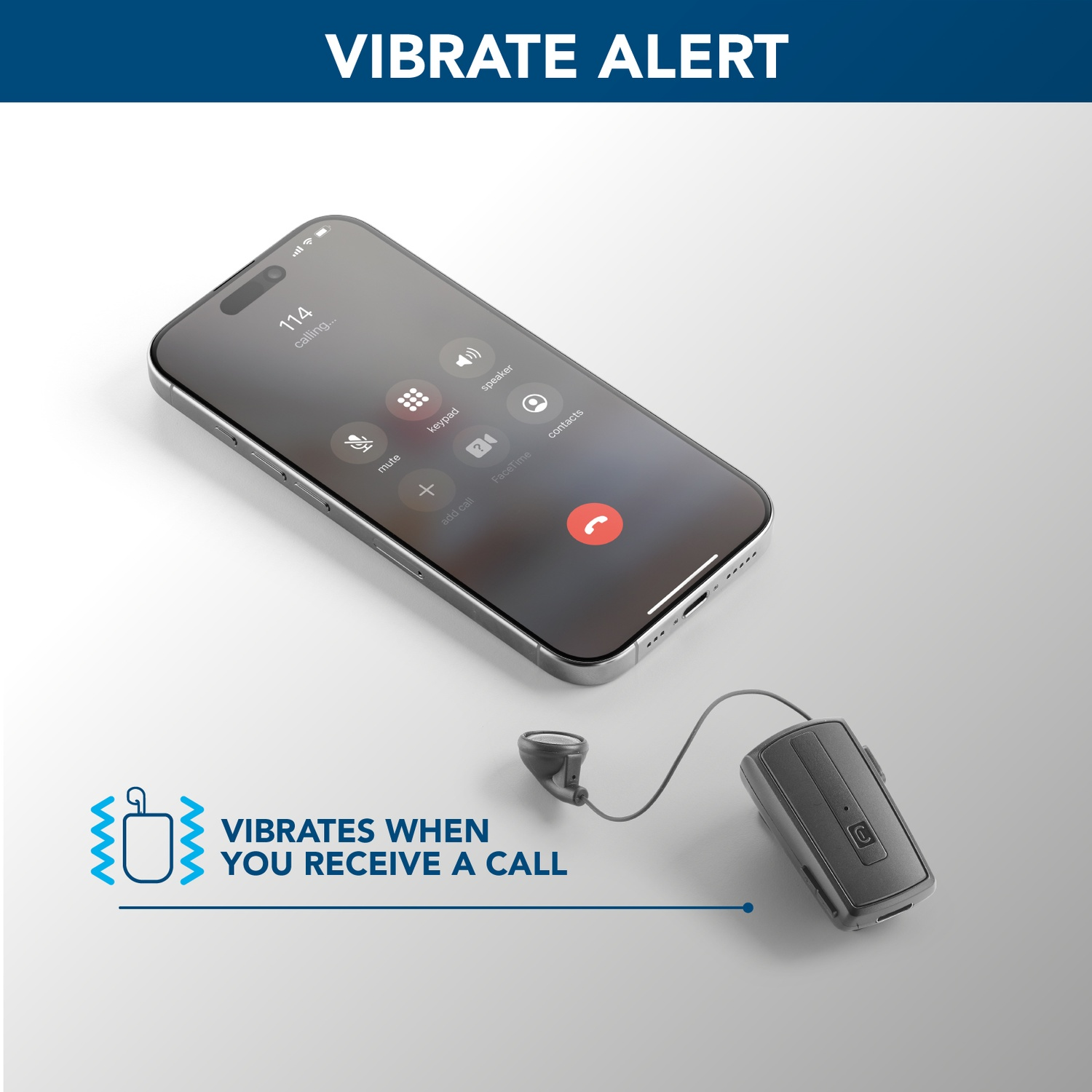 Uno smartphone mostra una chiamata, accanto un piccolo dispositivo vibrante con auricolare.