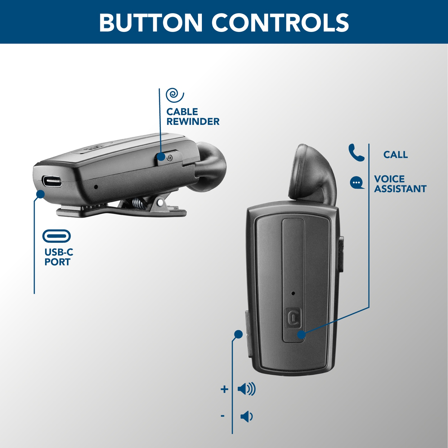 Due auricolari Bluetooth neri con etichette per USB-C, avvolgicavo, chiamata e assistente vocale.