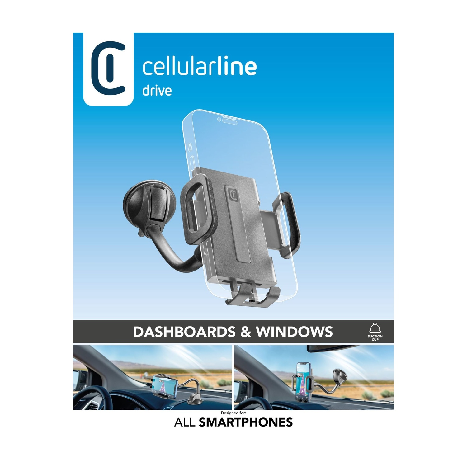Supporto telefono Cellularline drive con ventosa per cruscotti e finestrini.