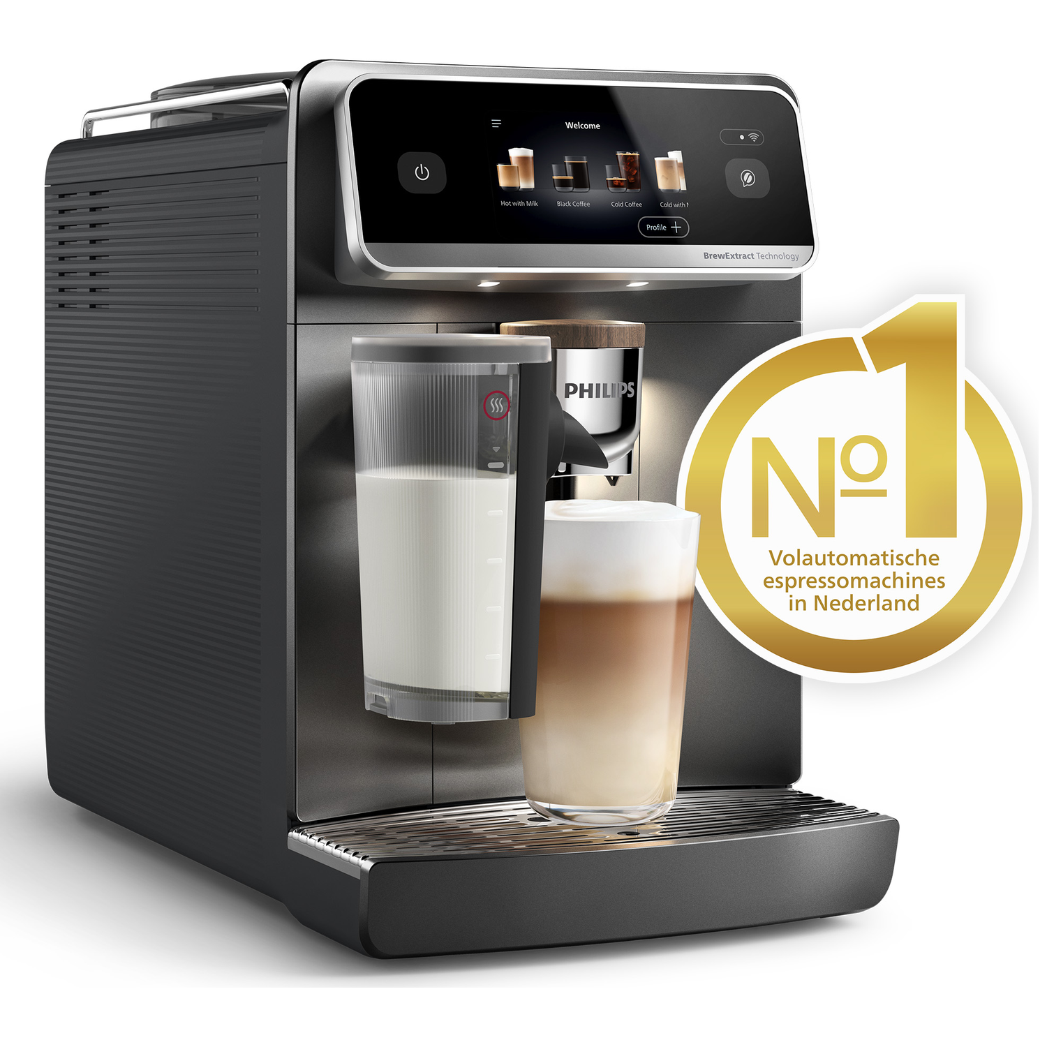 Dark coffee machine with milk carafe and latte macchiato glass. No. 1 logo.