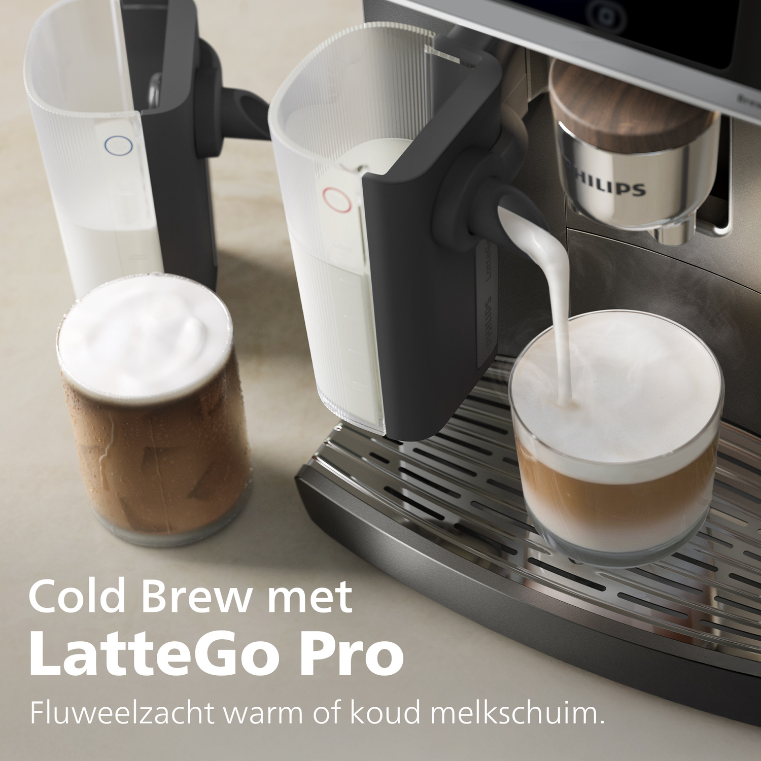 A coffee machine with milk containers and two glasses, one with coffee, one with milk foam.