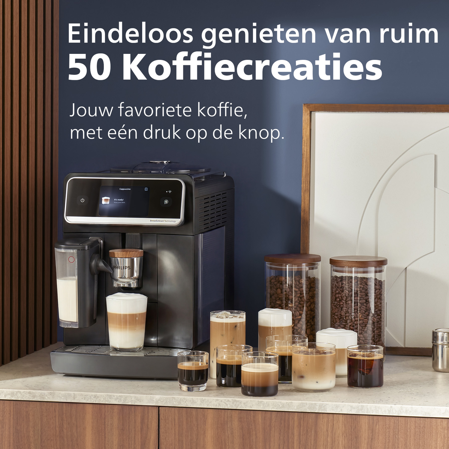 A coffee machine with milk carafe and glasses of coffee drinks.