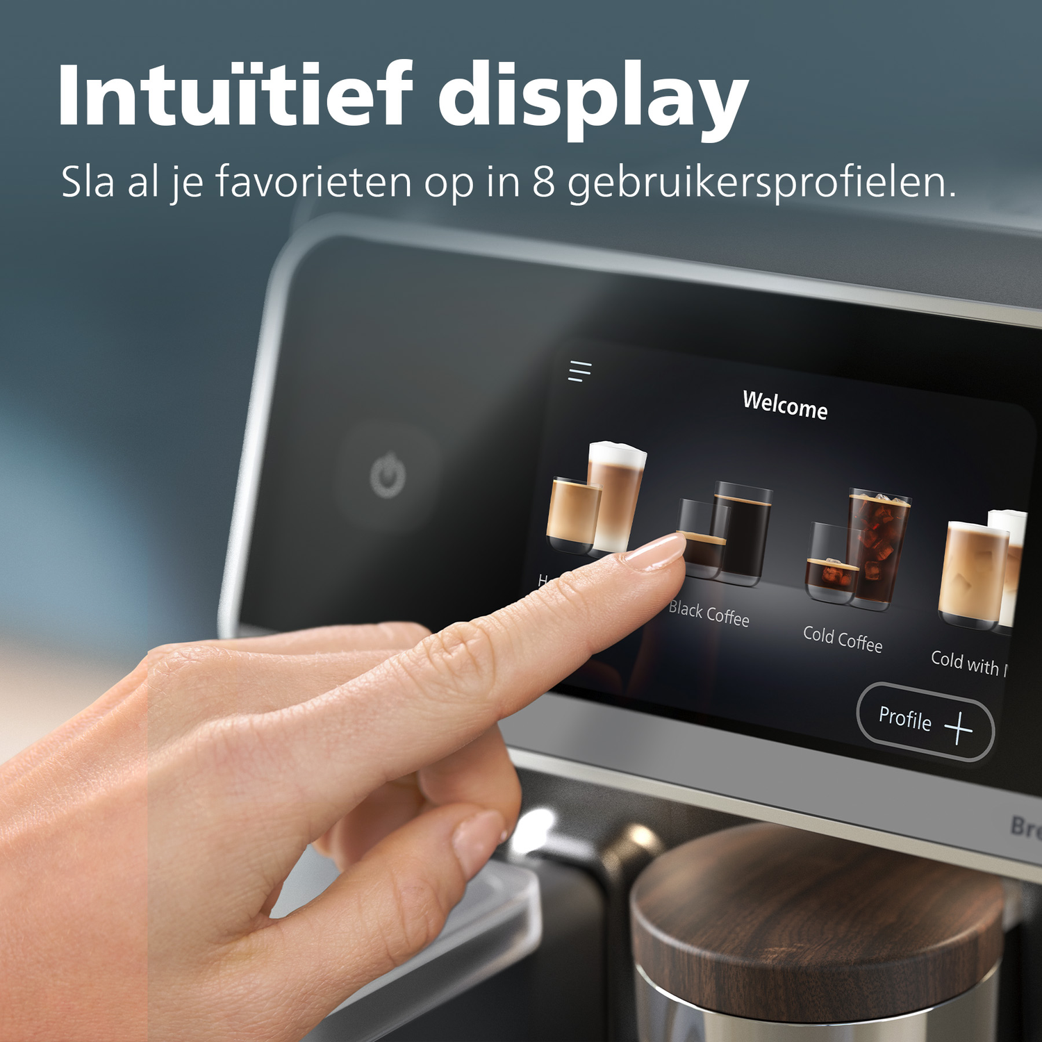 A hand touches a coffee machine screen displaying coffee options.