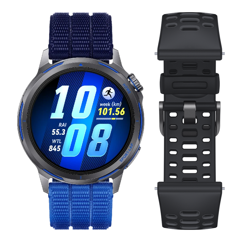 Smartwatch z niebiesko-szarą obudową, niebieską opaską materiałową i czarną opaską zapasową.