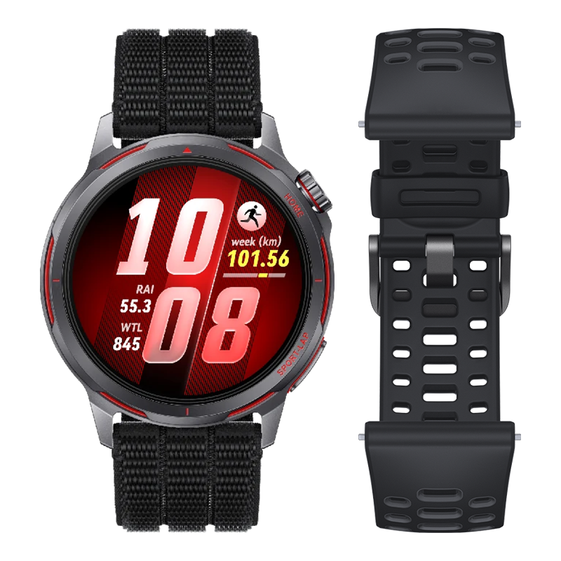 Szary smartwatch z czarną opaską materiałową i wyświetlaczem sportowym. Obok czarna opaska zapasowa.