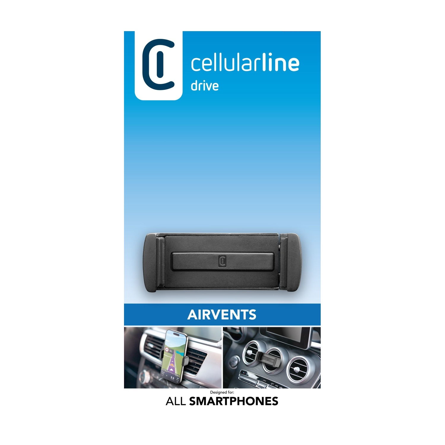 Supporto auto nero Cellularline per bocchetta aria, per tutti gli smartphone.