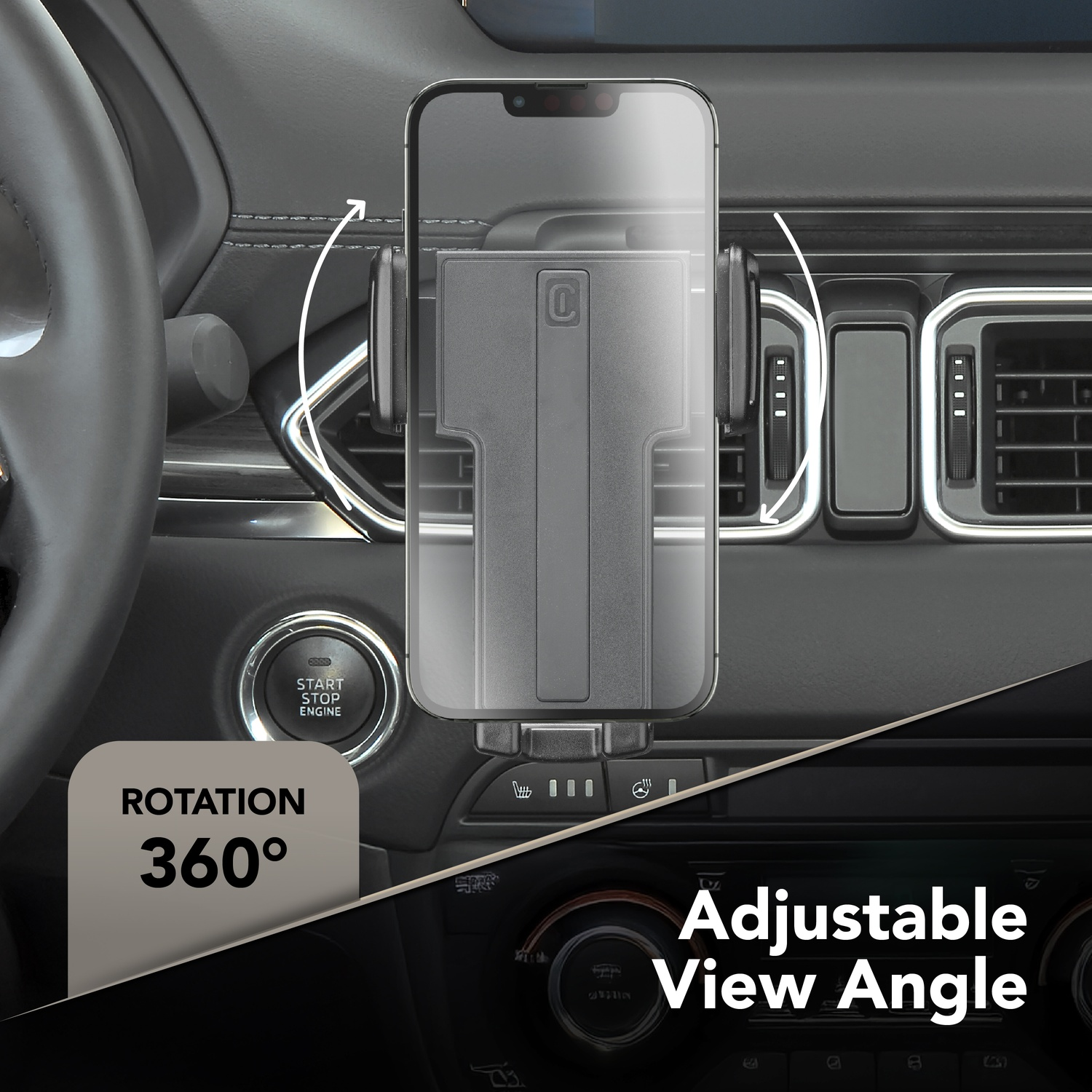 Supporto per telefono auto con rotazione 360° e angolo di visione regolabile.