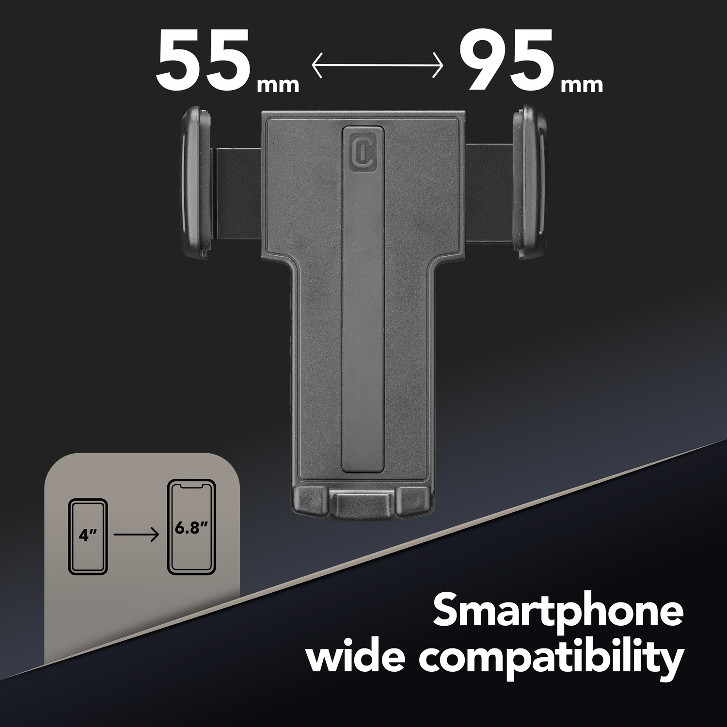 Supporto nero per smartphone, largo 55-95mm, compatibile con dispositivi da 4-6.8 pollici.
