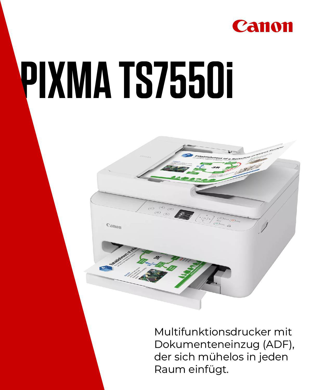 Weißer Canon Pixma TS7550i Drucker mit Dokumenteneinzug (ADF).