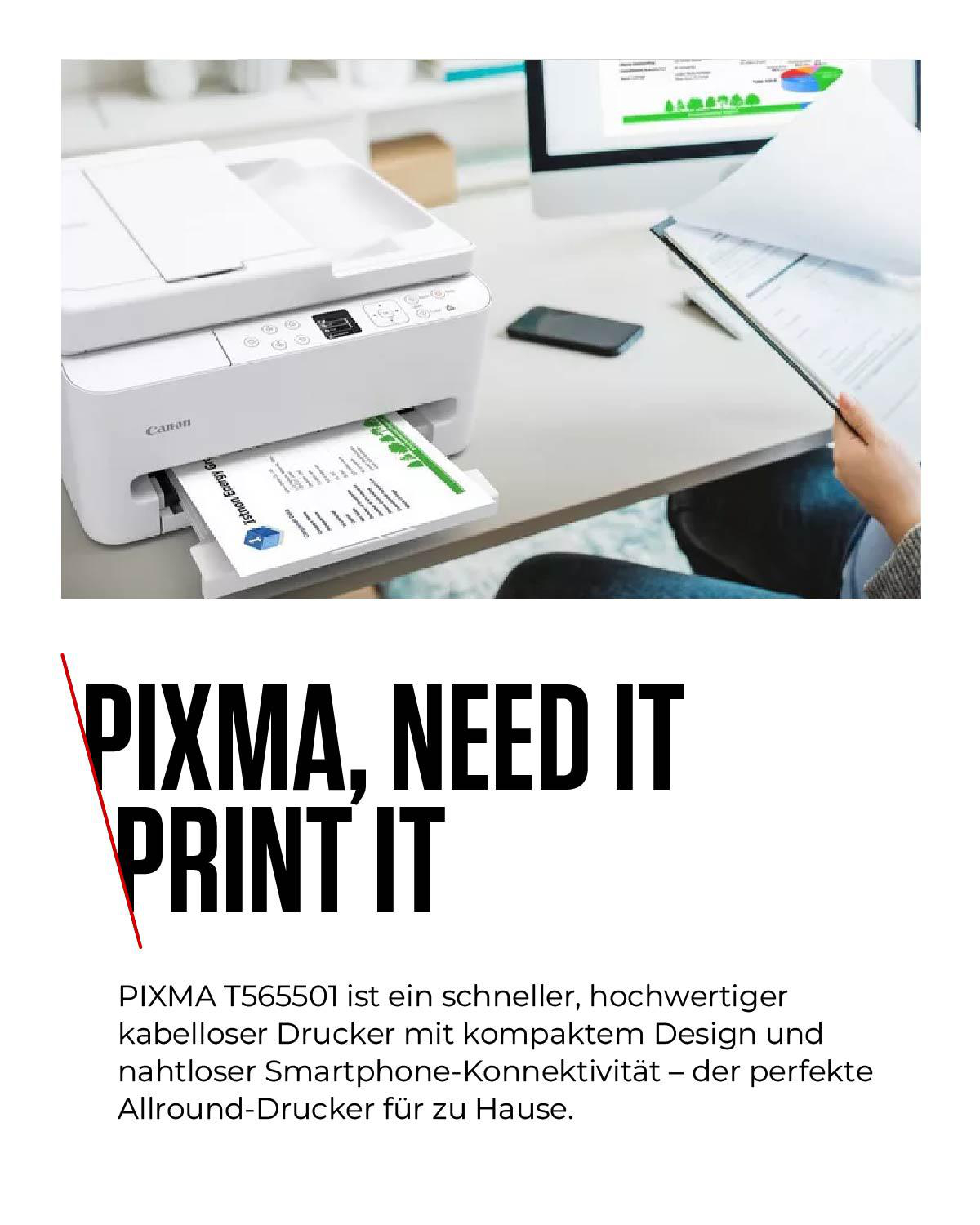 Ein weißer Canon Drucker druckt ein Dokument. Ein Monitor zeigt Diagramme.