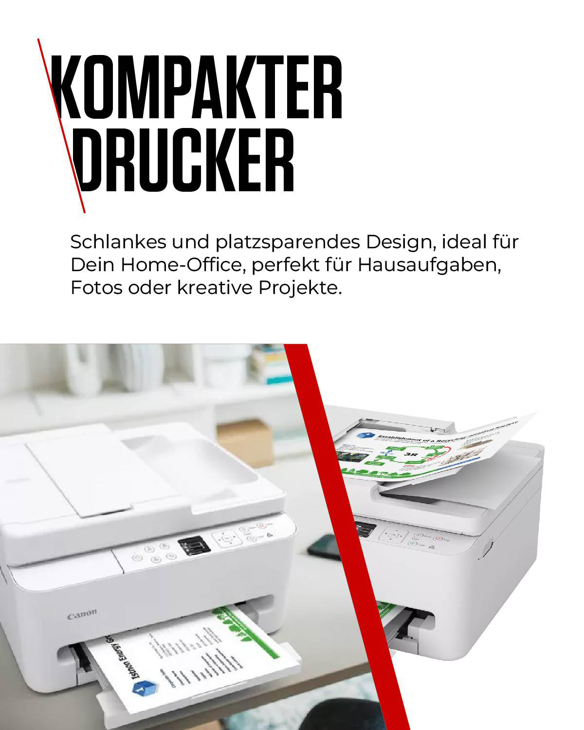 Zwei weiße Canon Drucker auf einem Schreibtisch, einer druckt ein Dokument.