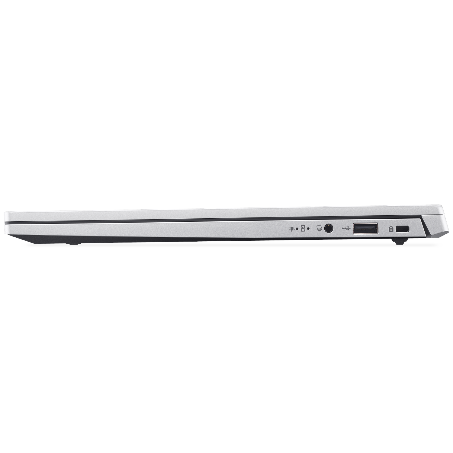 Side of a silver laptop showing USB, audio, and power ports.